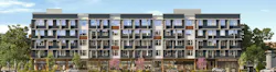 Multifamily development rendering with front view of building Multifamily development rendering with front view of building