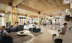 Mass Timber multifamily lobby rendering Mass Timber multifamily lobby rendering