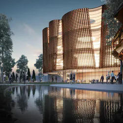 One of the theaters illuminated at night on the APAC campus One of the theaters illuminated at night on the APAC campus