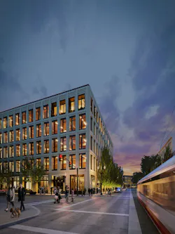 PAE Living Building exterior at night PAE Living Building exterior at night