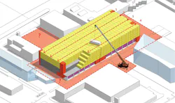 Modular construction complex being put together by crane Modular construction complex being put together by crane