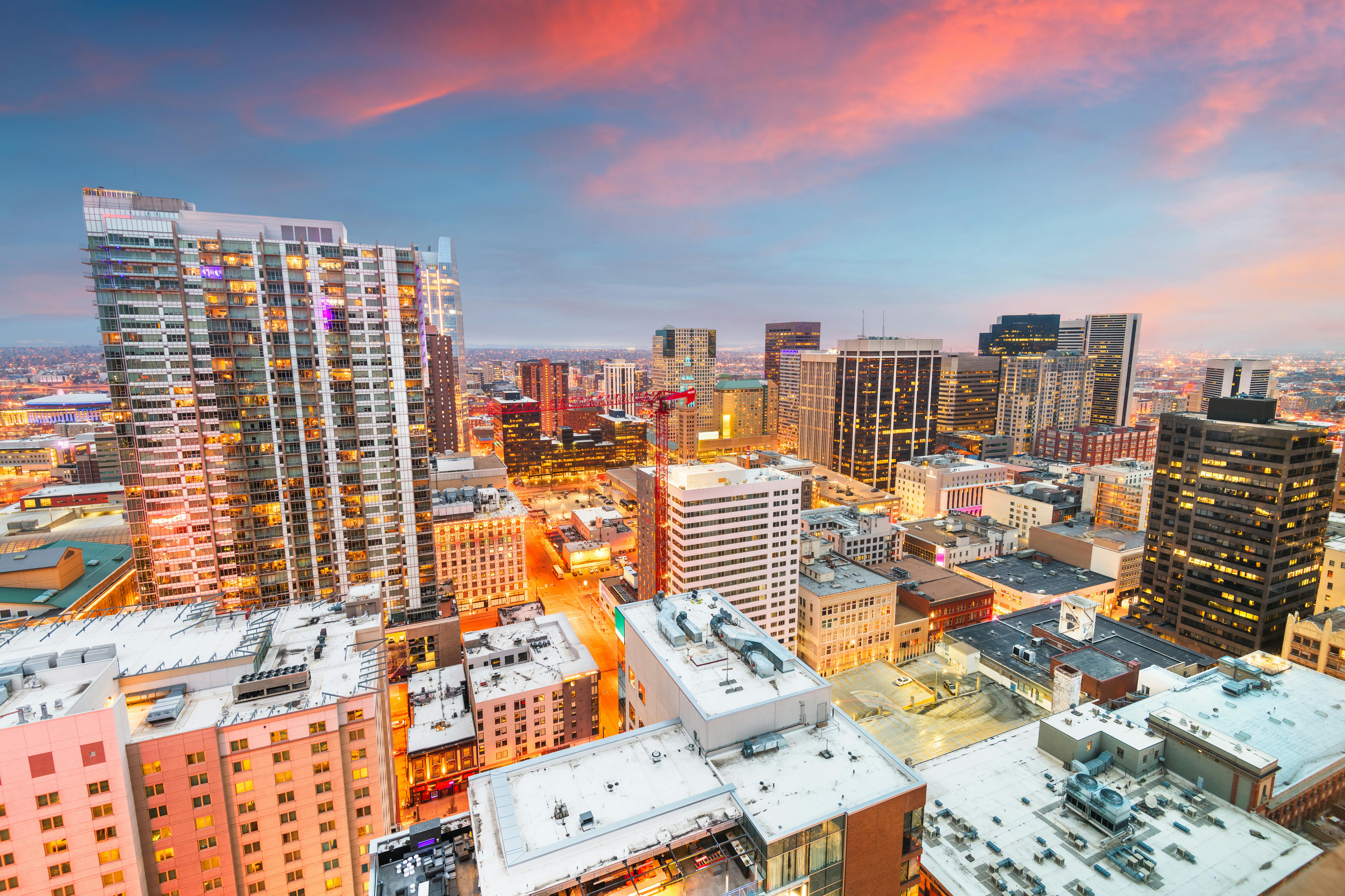 Denver, Colorado, USA Cityscape. Denver, Colorado, USA downtown cityscape rooftop view at dusk
