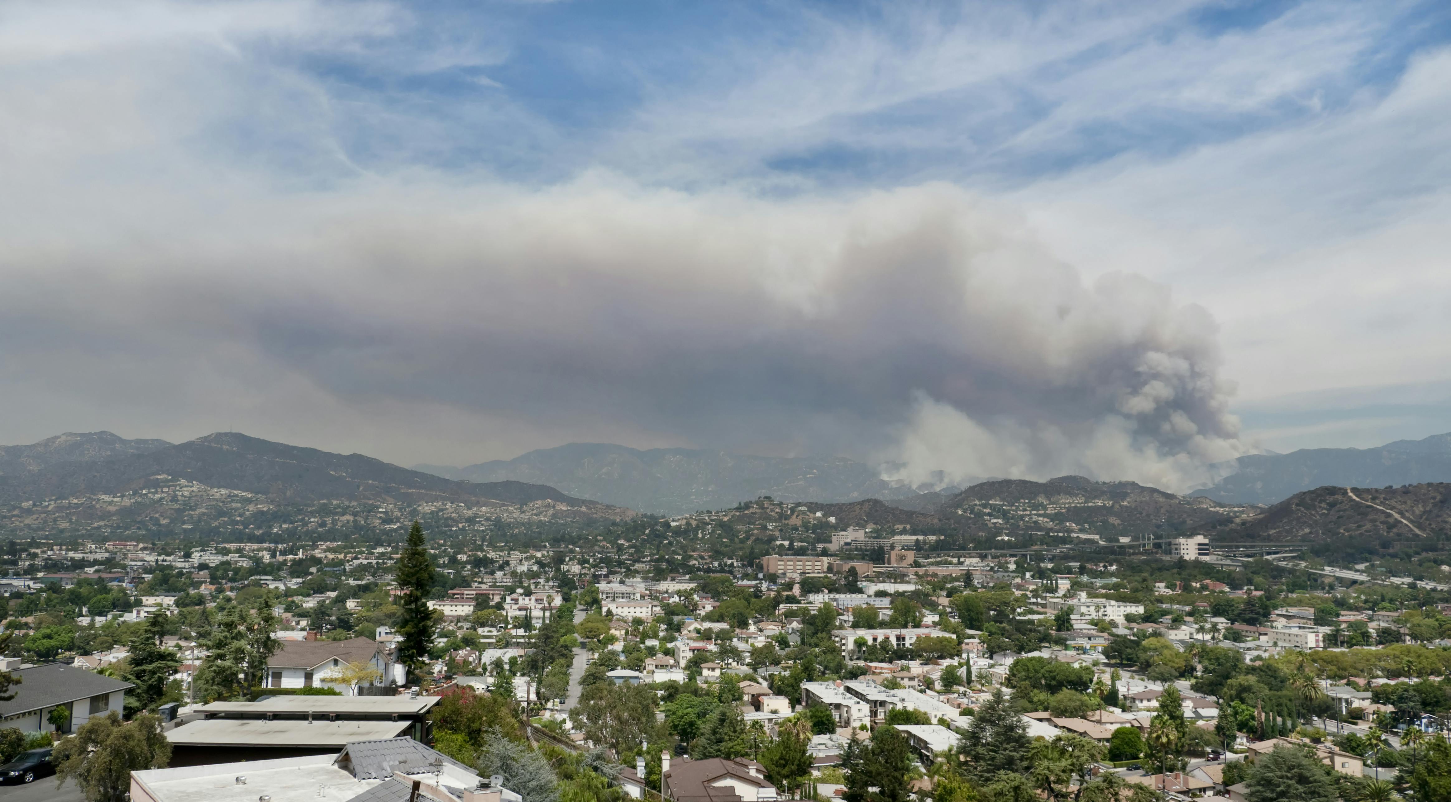 Los Angeles Forest Fire. Panoramic image of a large smoke plume from forest fires near the city of Los Angeles
