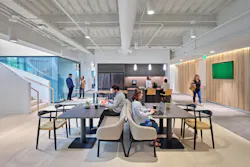 Confidential Financial Organization Headquarters, Raleigh, N.C. A typical floor social hub provides alternate work points and posture variety while fostering social connection Confidential Financial Organization Headquarters, Raleigh, N.C. A typical floor social hub provides alternate work points and posture variety while fostering social connection