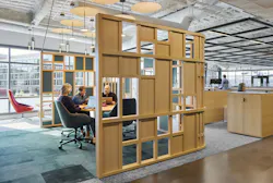 Marquee Development Office, Chicago, Ill. The 'Jewel Box', an open collaboration area that acts as a node within the workstation area, provides a central location for conference calls and strategy sessions. Continuing the concept of construction methodologies, the acoustically treated structure showcases beauty of natural wood and custom joinery Marquee Development Office, Chicago, Ill. The 'Jewel Box', an open collaboration area that acts as a node within the workstation area, provides a central location for conference calls and strategy sessions. Continuing the concept of construction methodologies, the acoustically treated structure showcases beauty of natural wood and custom joinery
