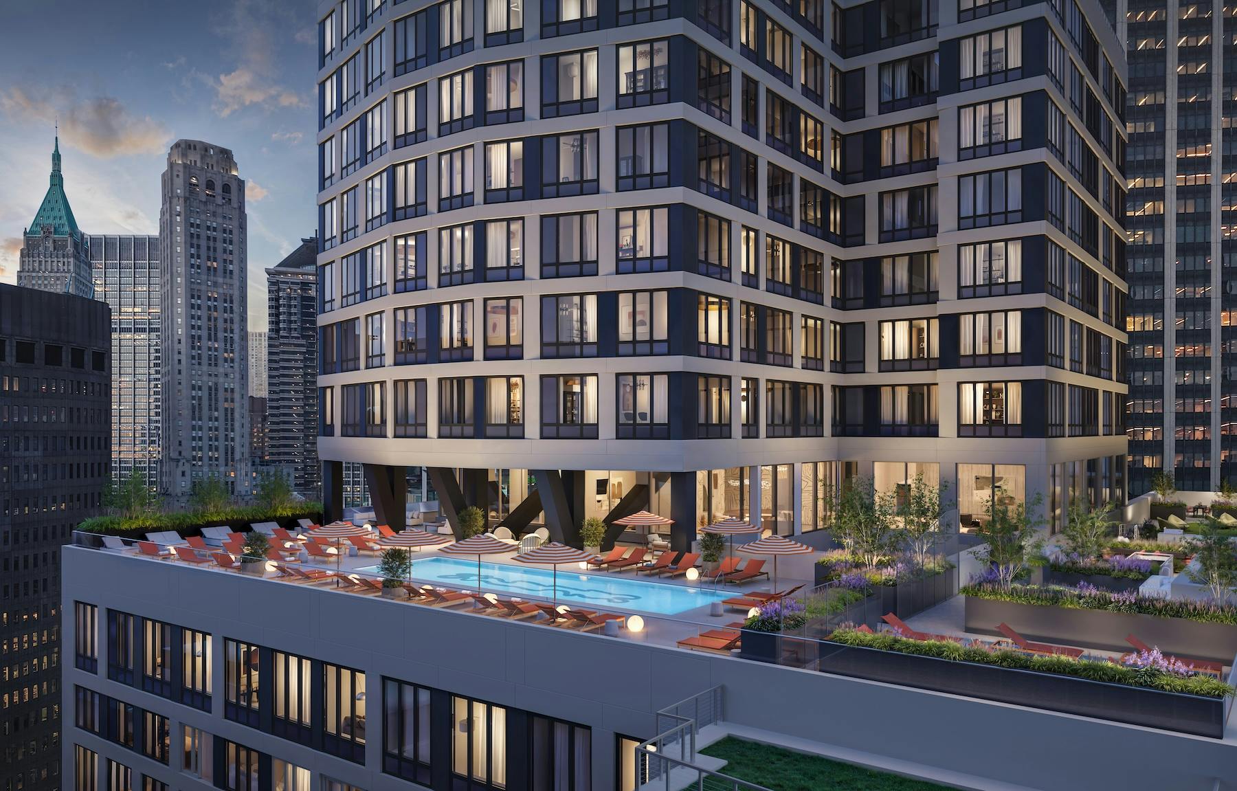 Indoor and outdoor pools are among the lifestyle amenities being offered by SoMA, a 1,320-apartment tower in New York City.