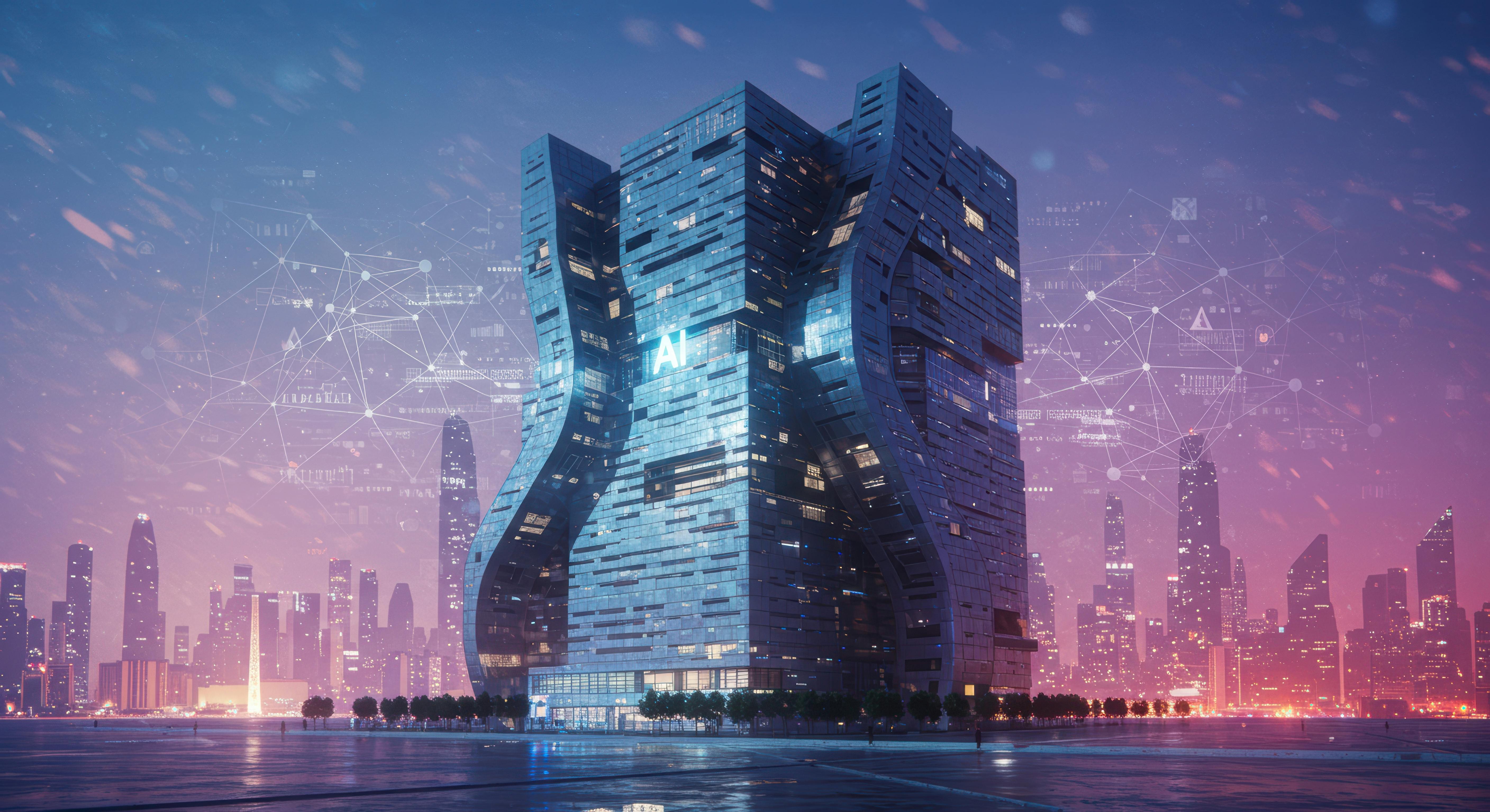 Futuristic ai building with digital network in cityscape during twilight. AI generated