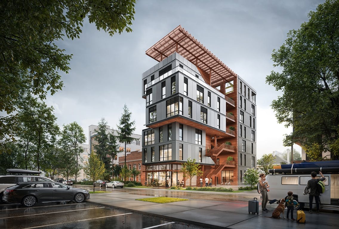 Architectural rendering of single-stair multifamily building