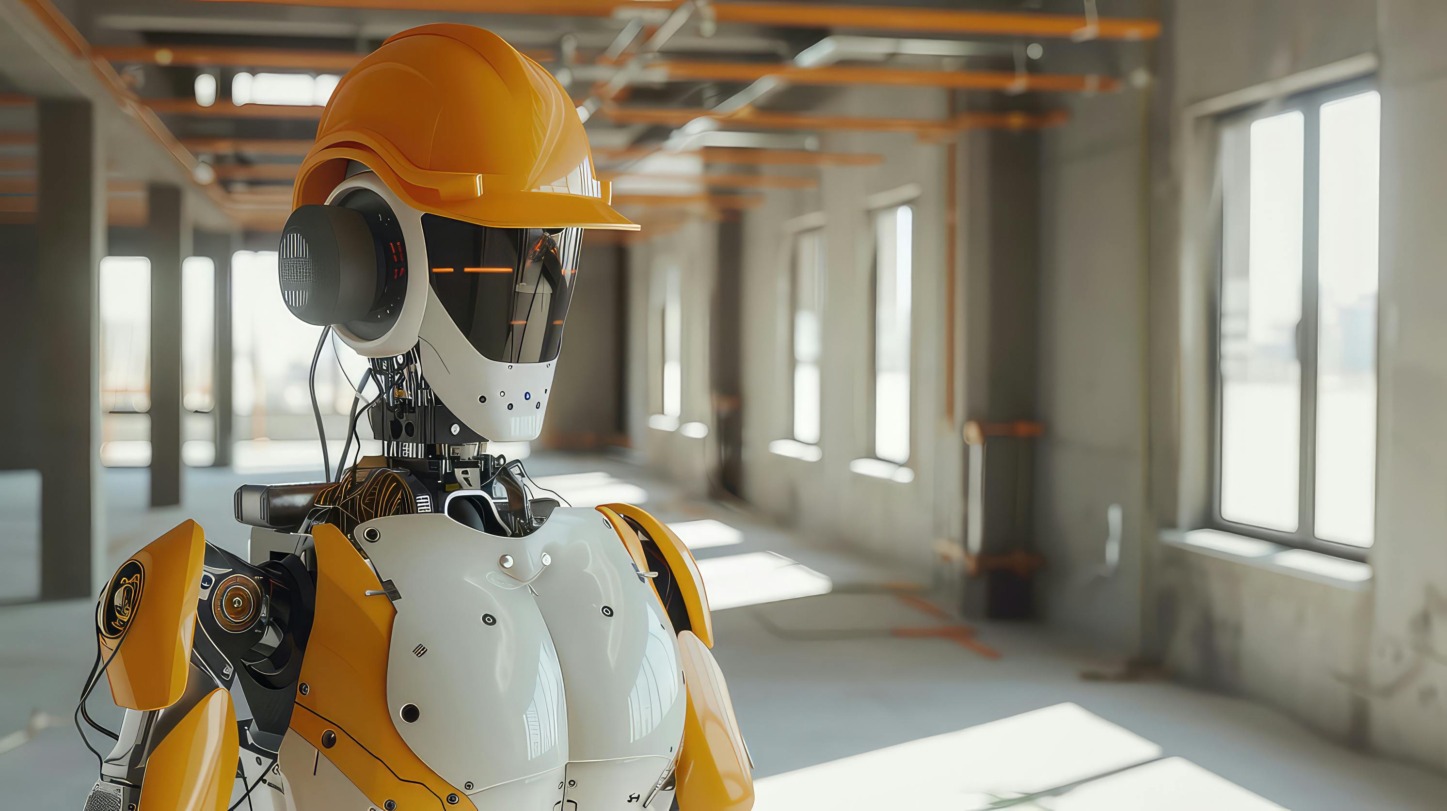 Robot with Hard Hat in Construction Site generated with AI. a view of Robot with Hard Hat in Construction Site. AI image illustration.