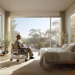 This scenario imagines a cozy personal space for older patients, featuring large windows with nature views and abundant natural light for post-surgery recovery. (Image generated by Midjourney). AI rendering courtesy CannonDesign This scenario imagines a cozy personal space for older patients, featuring large windows with nature views and abundant natural light for post-surgery recovery. (Image generated by Midjourney). AI rendering courtesy CannonDesign