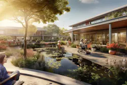 This imagines a courtyard that harmoniously blends lively social spaces with quiet, nature-themed retreats for intergenerational activities. (Image generated by Midjourney). AI rendering courtesy CannonDesign This imagines a courtyard that harmoniously blends lively social spaces with quiet, nature-themed retreats for intergenerational activities. (Image generated by Midjourney). AI rendering courtesy CannonDesign