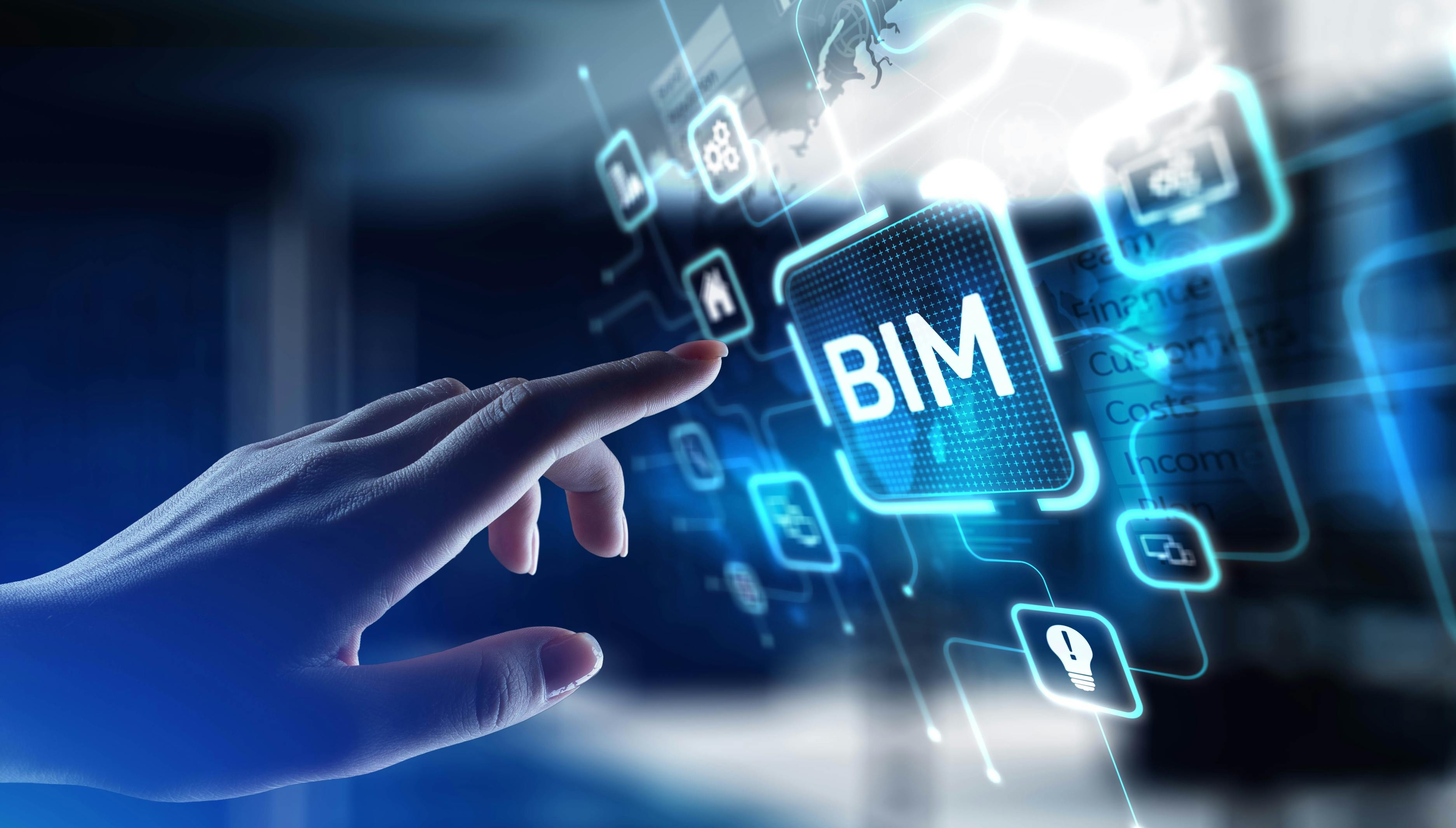 BIM Building Information Modeling for Construction Efficiency, projection on a virtual screen, Business and Technology Concept.