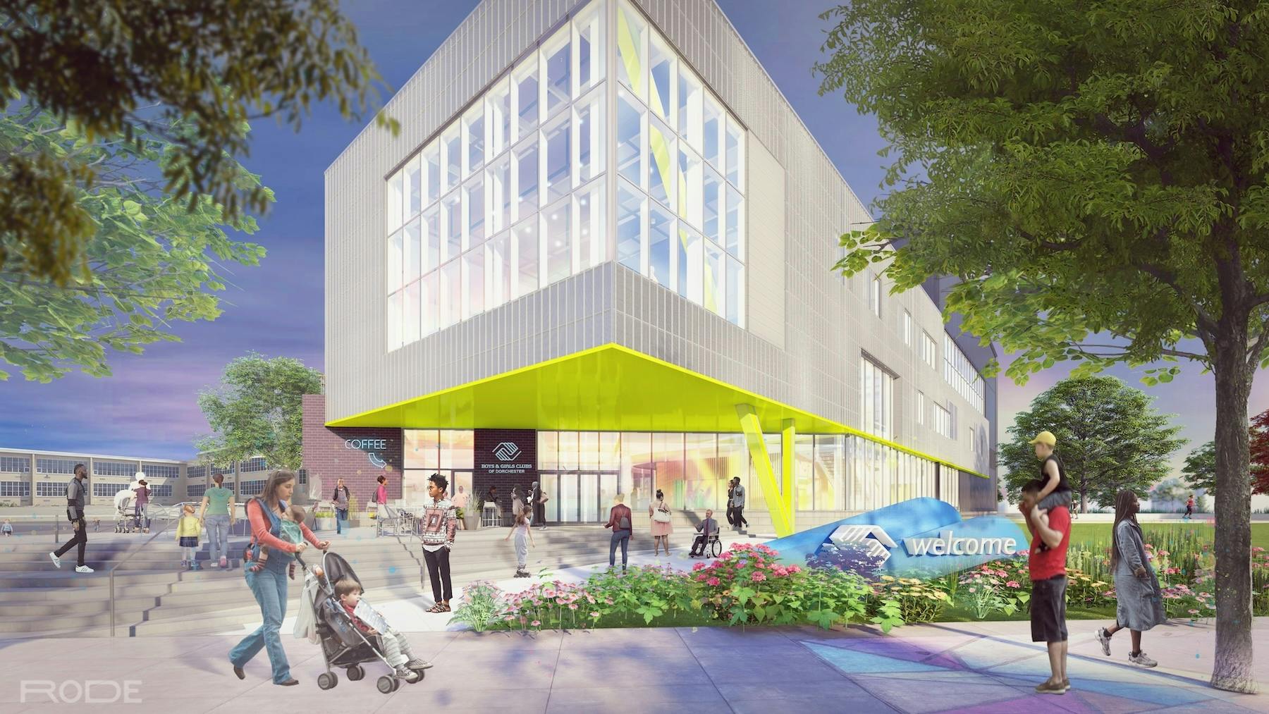 The front area of The FIeldhouse+ will include a cafe and terraced seating.