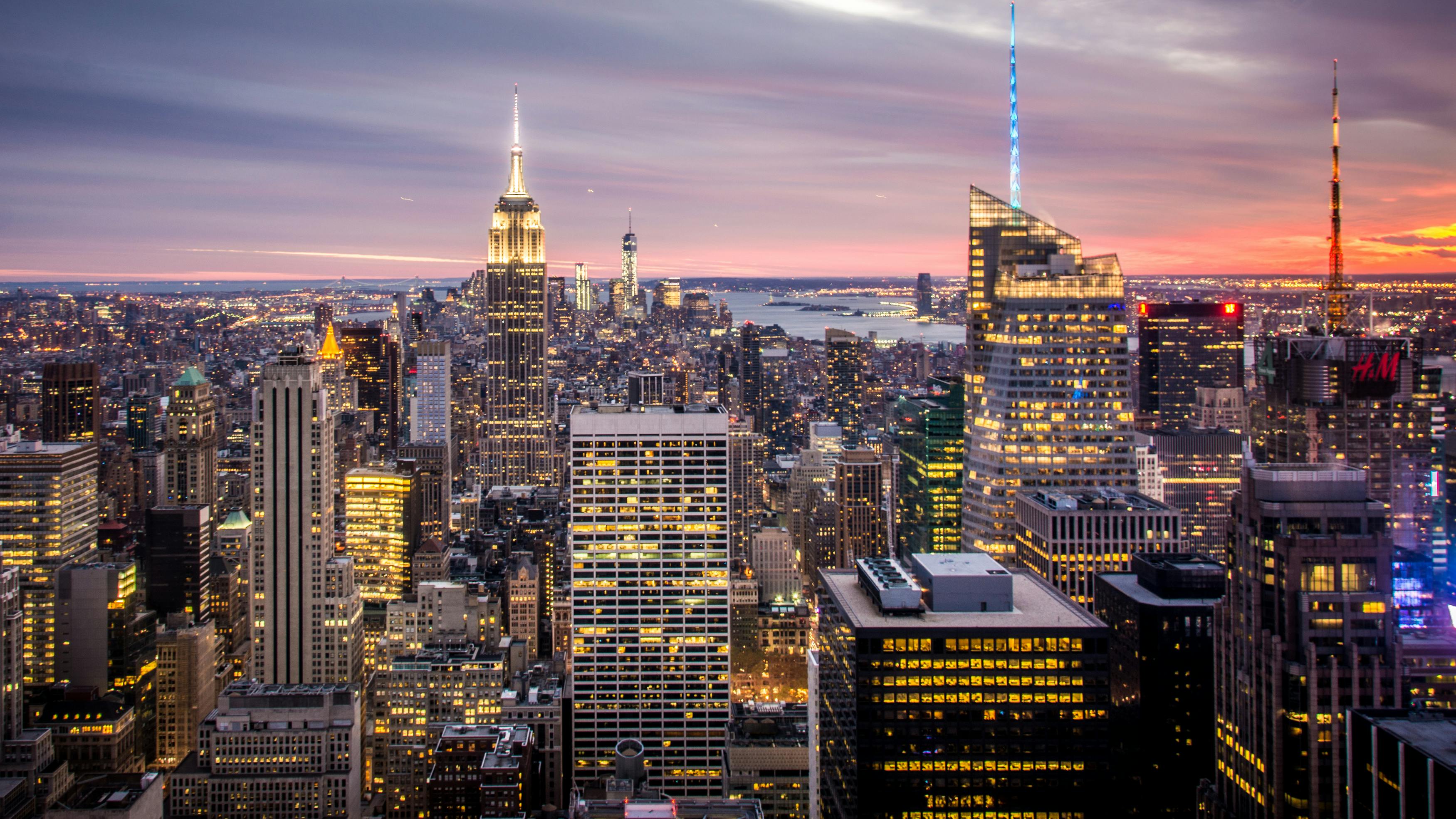 Empire State Building, New York City Manhattan during Sunset. Great view of the Empire State Building and New York city lights during sun set