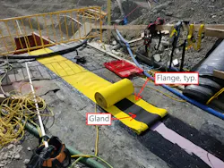 In-progress positive-side installation of a fully vulcanized rubber EJS on a tunnel roof. Components may vary by manufacturer In-progress positive-side installation of a fully vulcanized rubber EJS on a tunnel roof. Components may vary by manufacturer