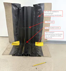 Full-scale mockup of thermoplastic EJS, integrated with a thermoplastic below-grade waterproofing membrane. Components will vary by manufacturer Full-scale mockup of thermoplastic EJS, integrated with a thermoplastic below-grade waterproofing membrane. Components will vary by manufacturer