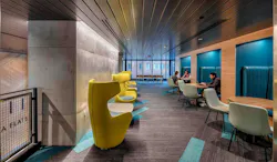 The Arcadia Flats study lounge at Western Michigan University features study pods with an abundance of outlets and bright design colors The Arcadia Flats study lounge at Western Michigan University features study pods with an abundance of outlets and bright design colors
