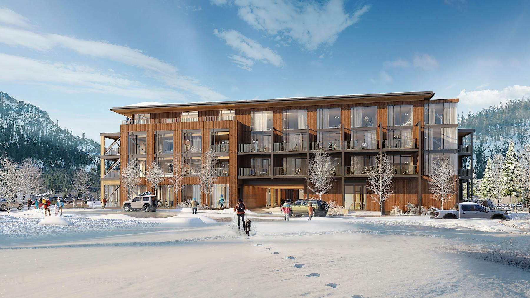 A rendering of Common Pine, a 75-key hotel in Truckee, Calif., that is being built with mass timber to emphasize the connection between humanity and the natural world.