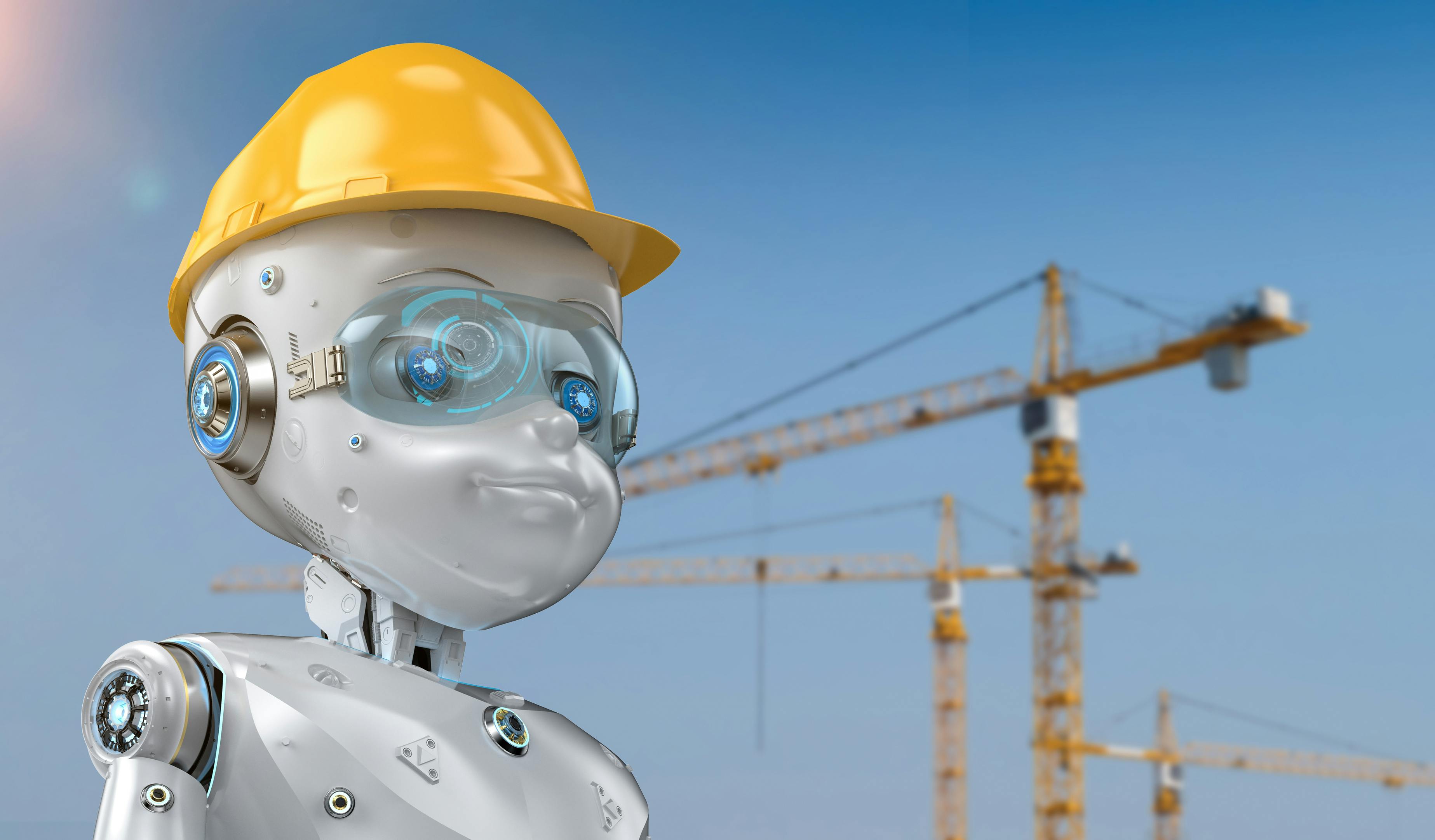 Engineer robot with safety helmet. 3d rendering engineer robot wearing yellow safety helmet