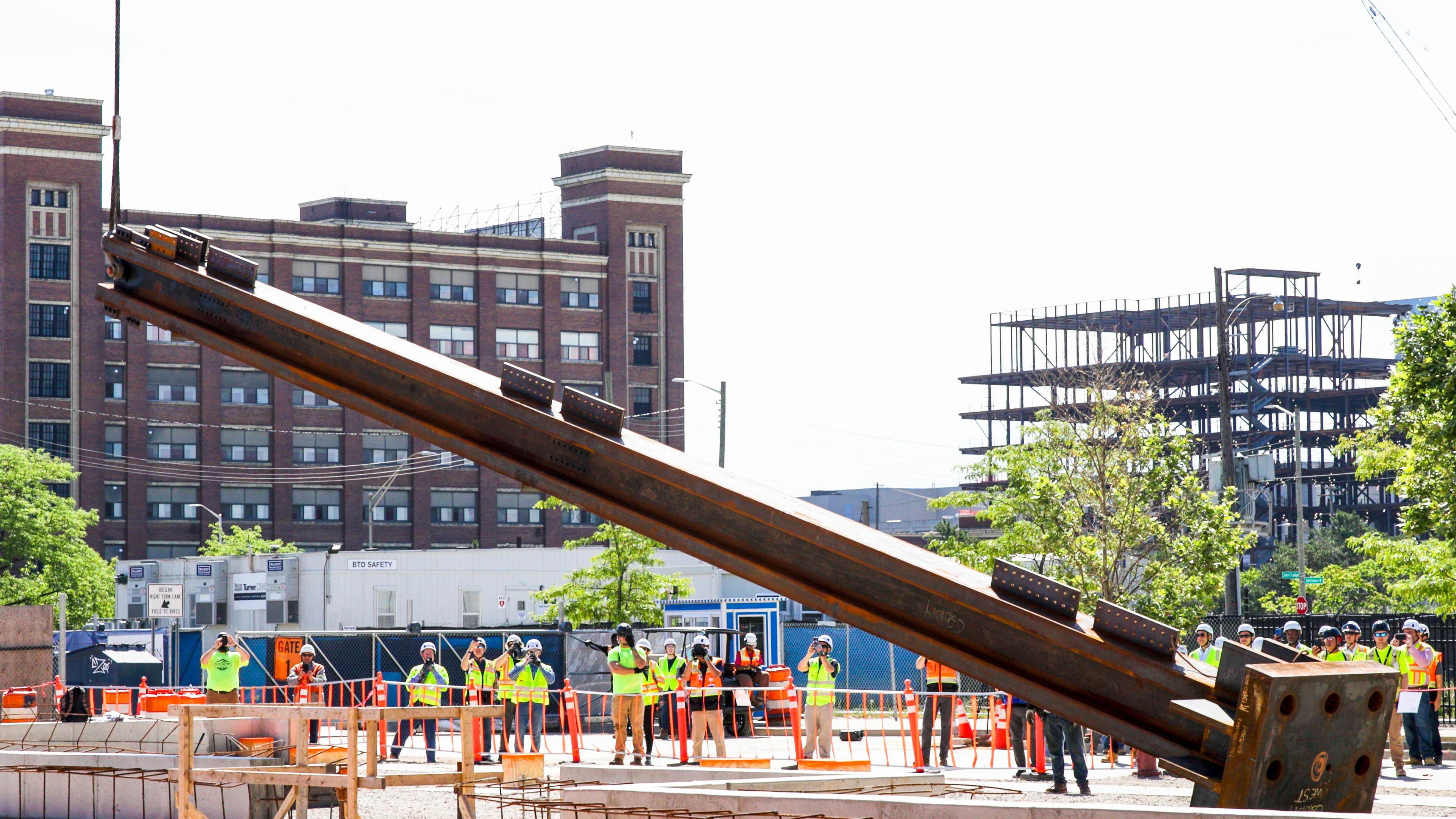 The world&rsquo;s first ever W14x1000 column is lifted and prepared to be set at the Henry Ford Health: Destination Grand project in Detroit