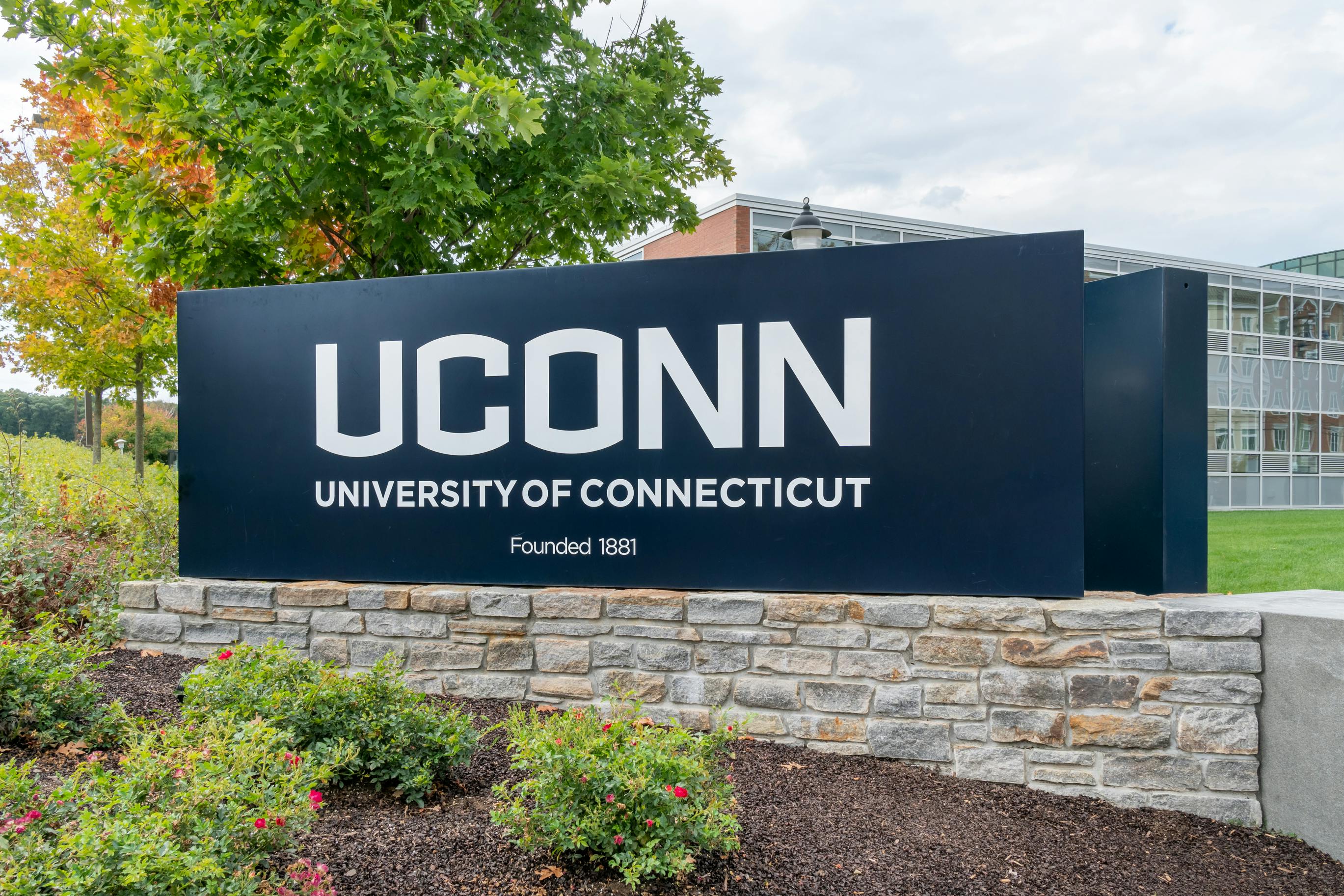 Entrance Sign to the University of Connecticut. STORRS, CT/USA - SEPTEMBER 26, 2019: Entrance and sign to the University Connecticut