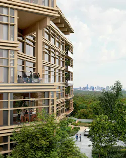 The design positions timber not only as a structural element but also an aesthetic driver of the elegant facade, which can be enjoyed directly from a series of outdoor rooms and indirectly from adjacent roadways and regional trails. Image by Plomp for Mithun The design positions timber not only as a structural element but also an aesthetic driver of the elegant facade, which can be enjoyed directly from a series of outdoor rooms and indirectly from adjacent roadways and regional trails. Image by Plomp for Mithun