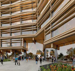 A series of layered views and sensory experiences—from oak habitat to outdoor terraces to double-height timber atrium and beyond—create an inviting destination for employees and visitors alike. Image by Plomp for Mithun A series of layered views and sensory experiences—from oak habitat to outdoor terraces to double-height timber atrium and beyond—create an inviting destination for employees and visitors alike. Image by Plomp for Mithun