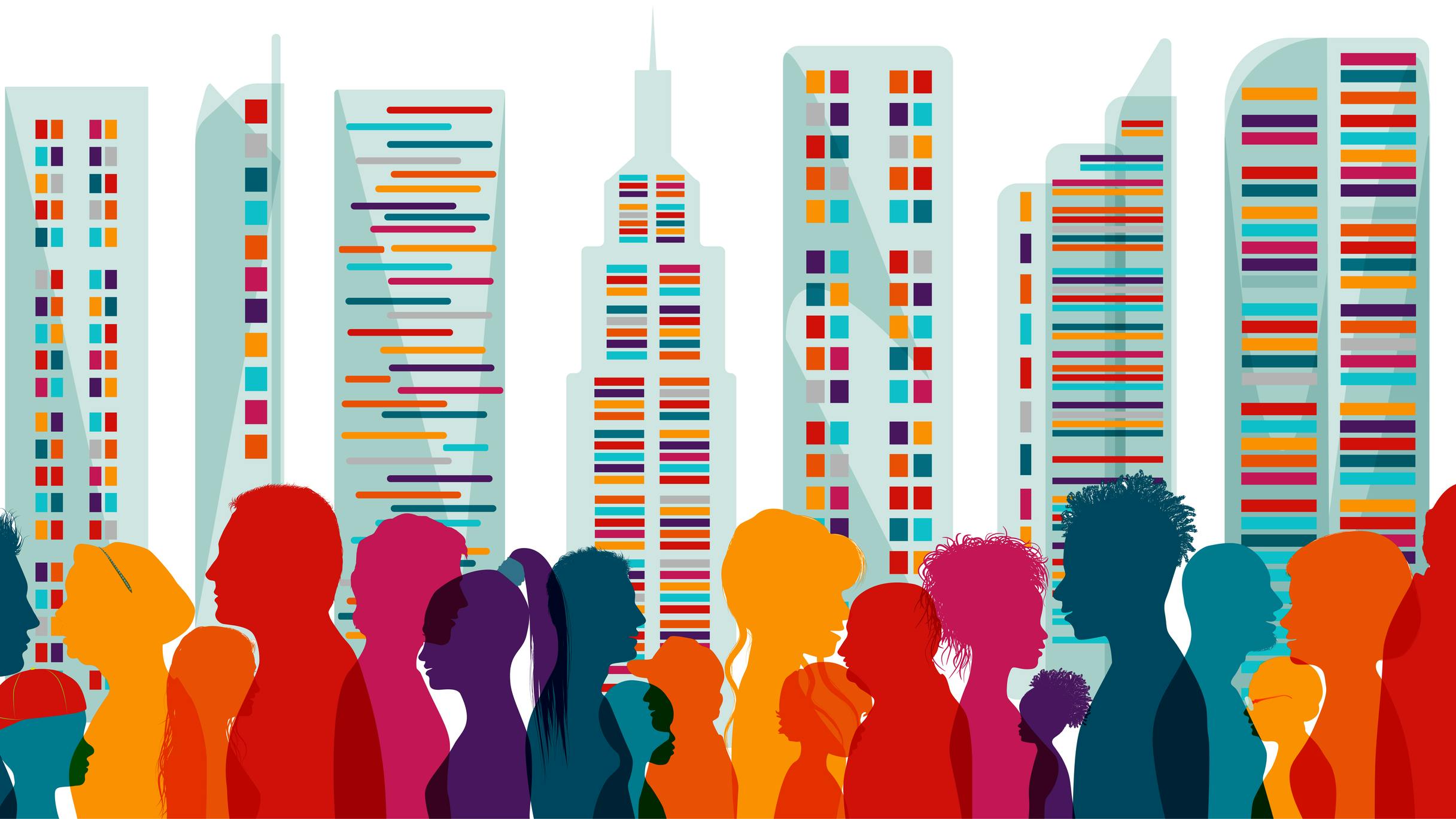 Diversity people. Population. Different multiethnic people of different ages. Groups of families. Crowd. Communication. Dialogue. World population. Many people communicating. Crowded cities. Dialogue between multiracial people. Globalization. Social network communication. Business conference. Chat conversation. People Chatting. Society concept. Possible use in the field of friendship, solidarity, group work, communication between different people, in interpersonal relationships. Peace among peoples. Communication between people who talk.