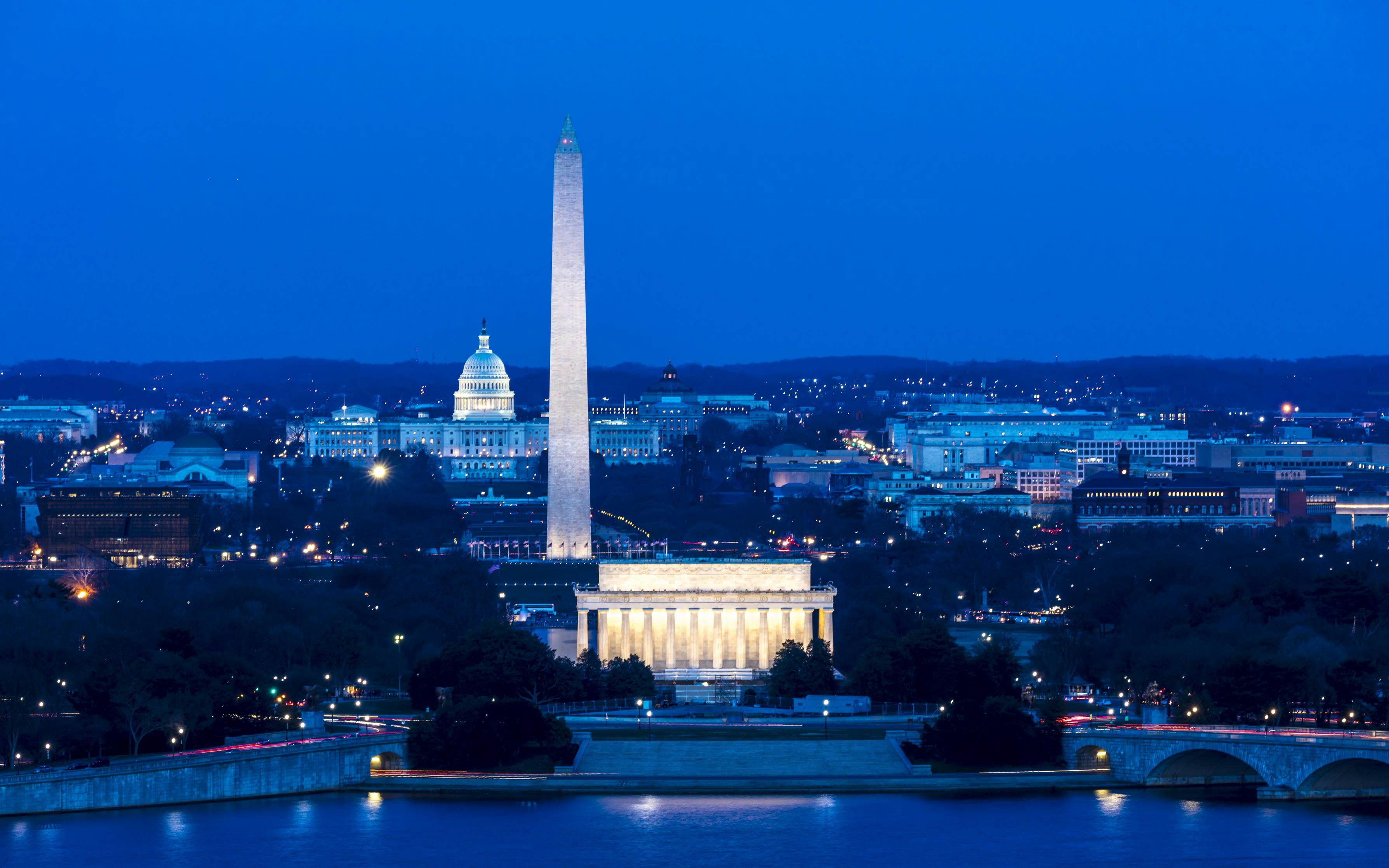 MARCH 26, 2018 - ARLINGTON, VA - WASH D. C. - Aerial view of Washington D. from Top of Town. America, national. from Top of Town restaurant, Arlington, Virginia shows Lincoln & Washington Memorial and U. S. Capitol.