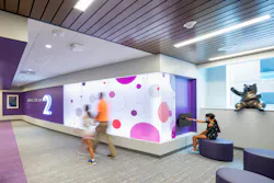 Distinct colors and shapes were designed for each floor to engage children, create a light, playful environment and serve as a wayfinding tool. Distinct colors and shapes were designed for each floor to engage children, create a light, playful environment and serve as a wayfinding tool.