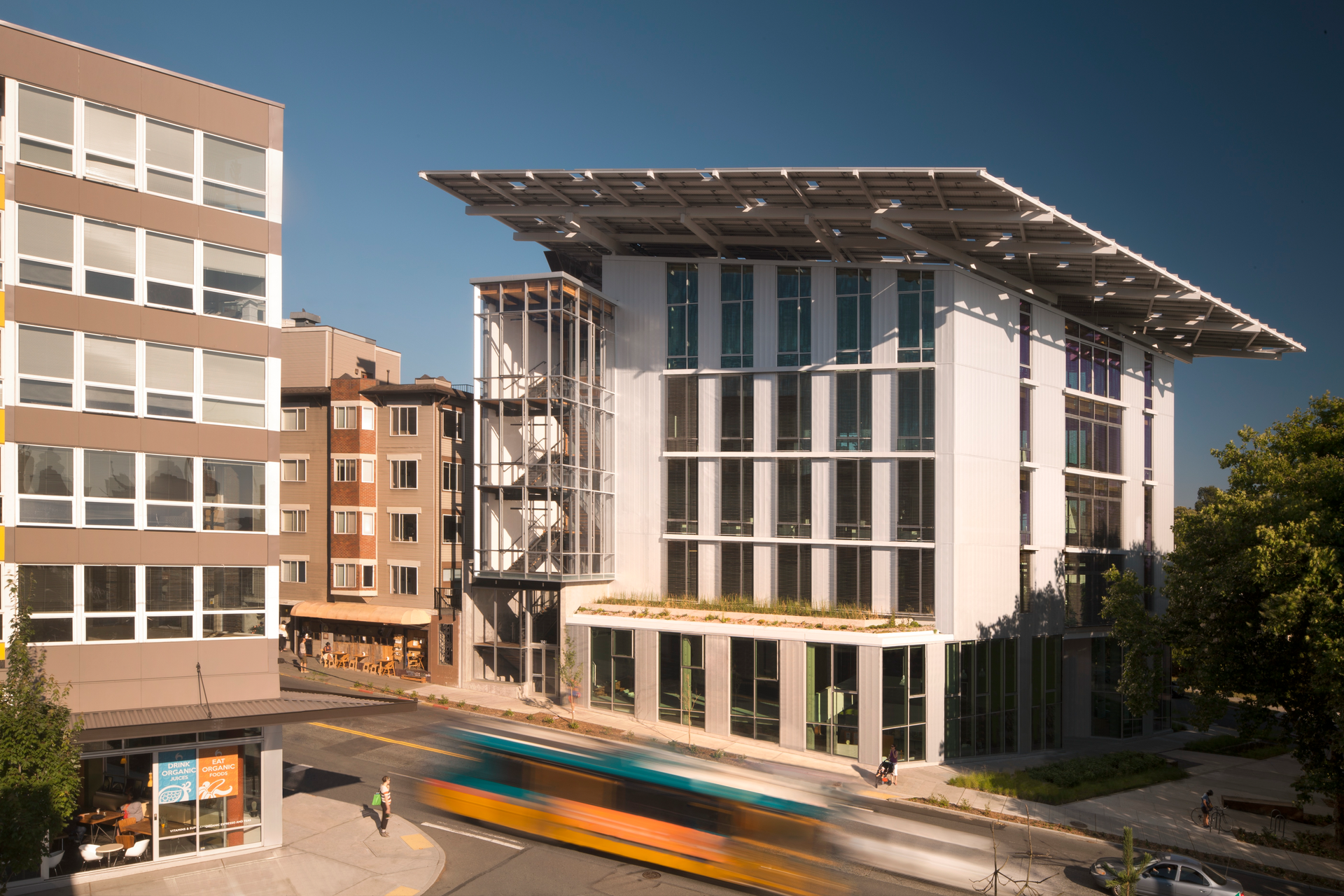 The Bullitt Center viewed from across Madison Street opened in 2013. It features integrated design built to achieve net zero water and net zero energy.