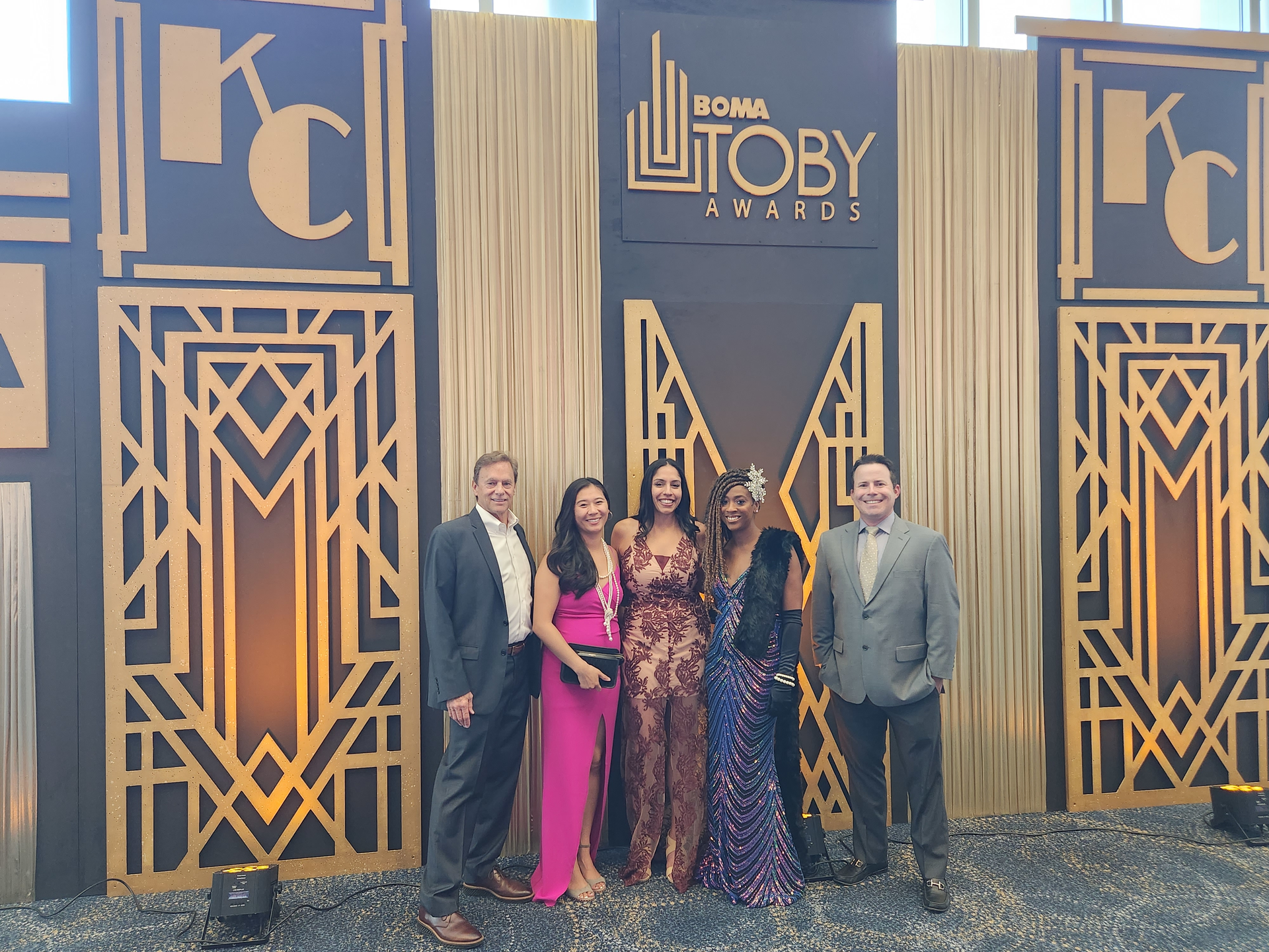 Scott Kirkpatrick, Annie Thai, Nicole Price and Ebony Horace, all of Cushman & Wakefield, and Ryan Snider of ABM gathered at the TOBY Awards pre-show reception. The team later found out that their building, San Francisco&rsquo;s Bay Area Metro Center, had won a TOBY in the Historical category.