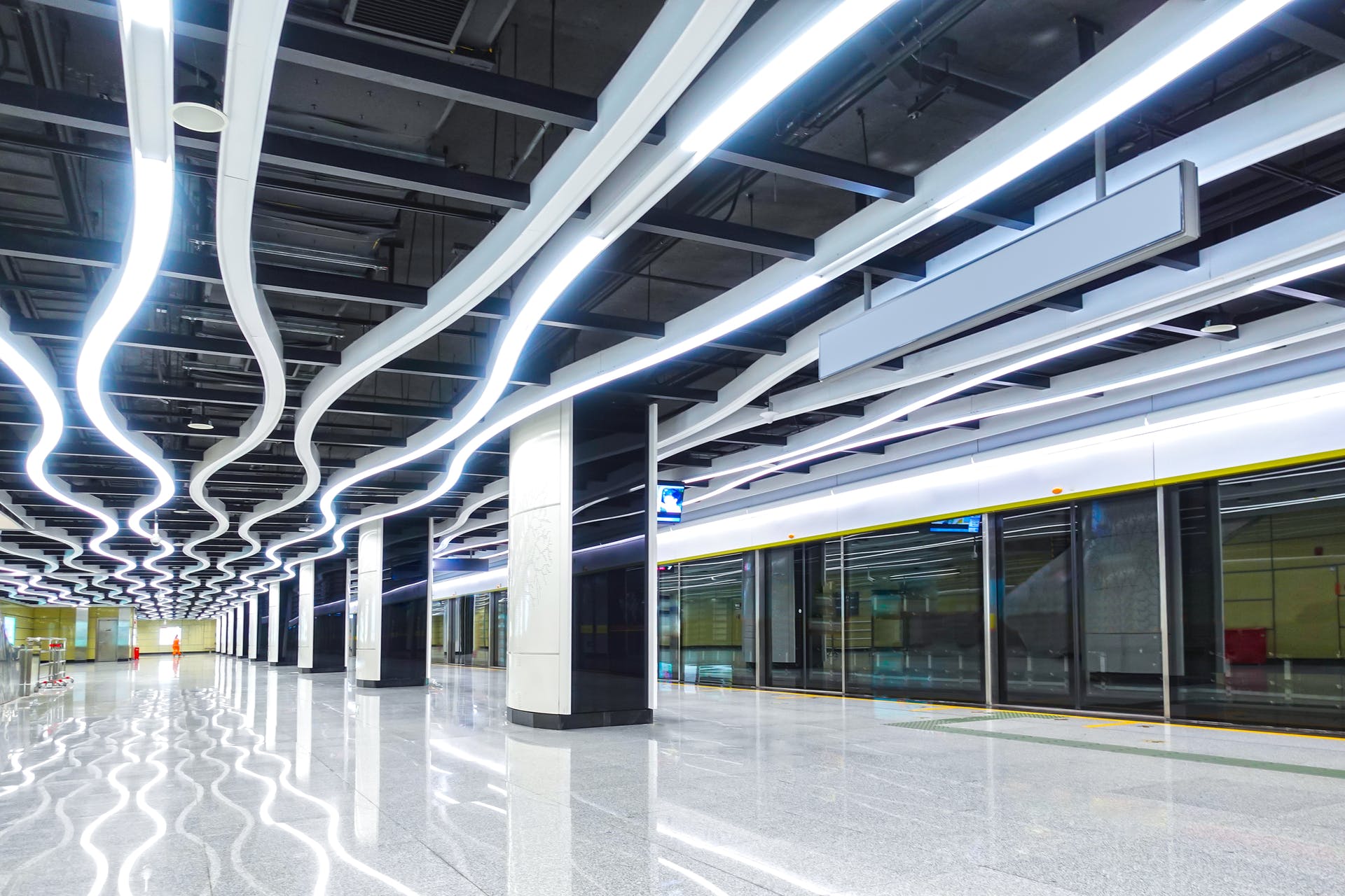 Interior of modern architecture; commercial building LED lighting system.