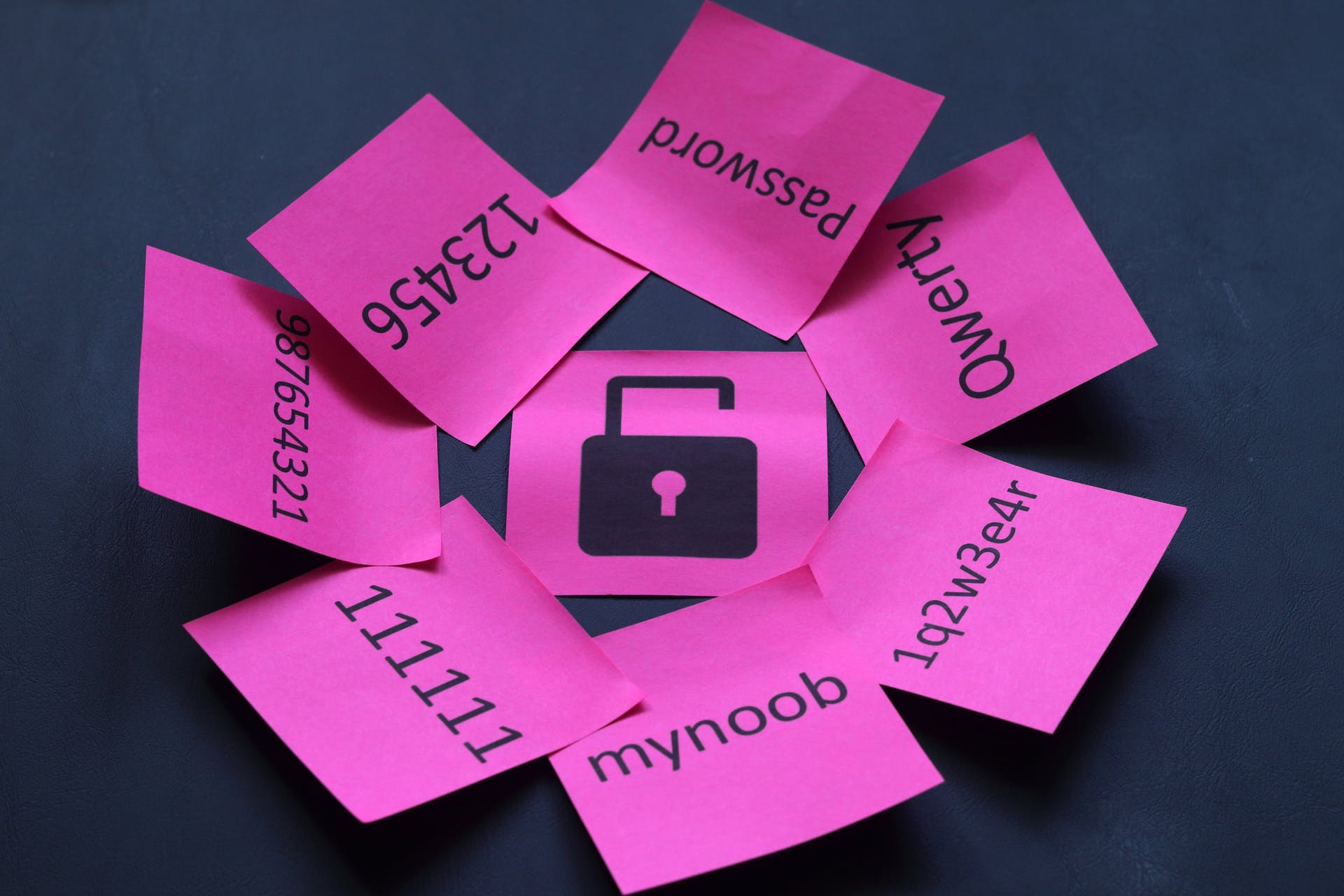 A broken lock surrounded with commonly used passwords.