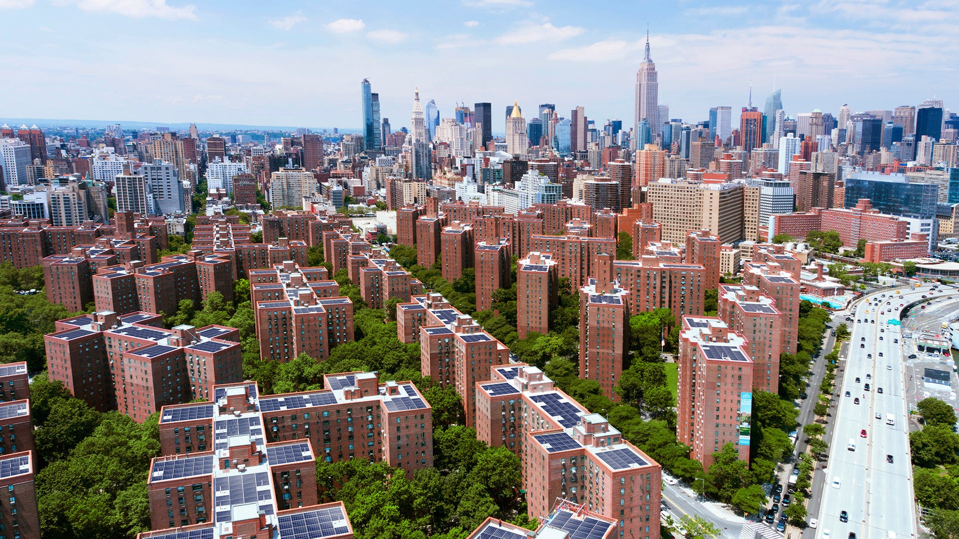 Roof-mounted solar arrays at StuyTown, in New York