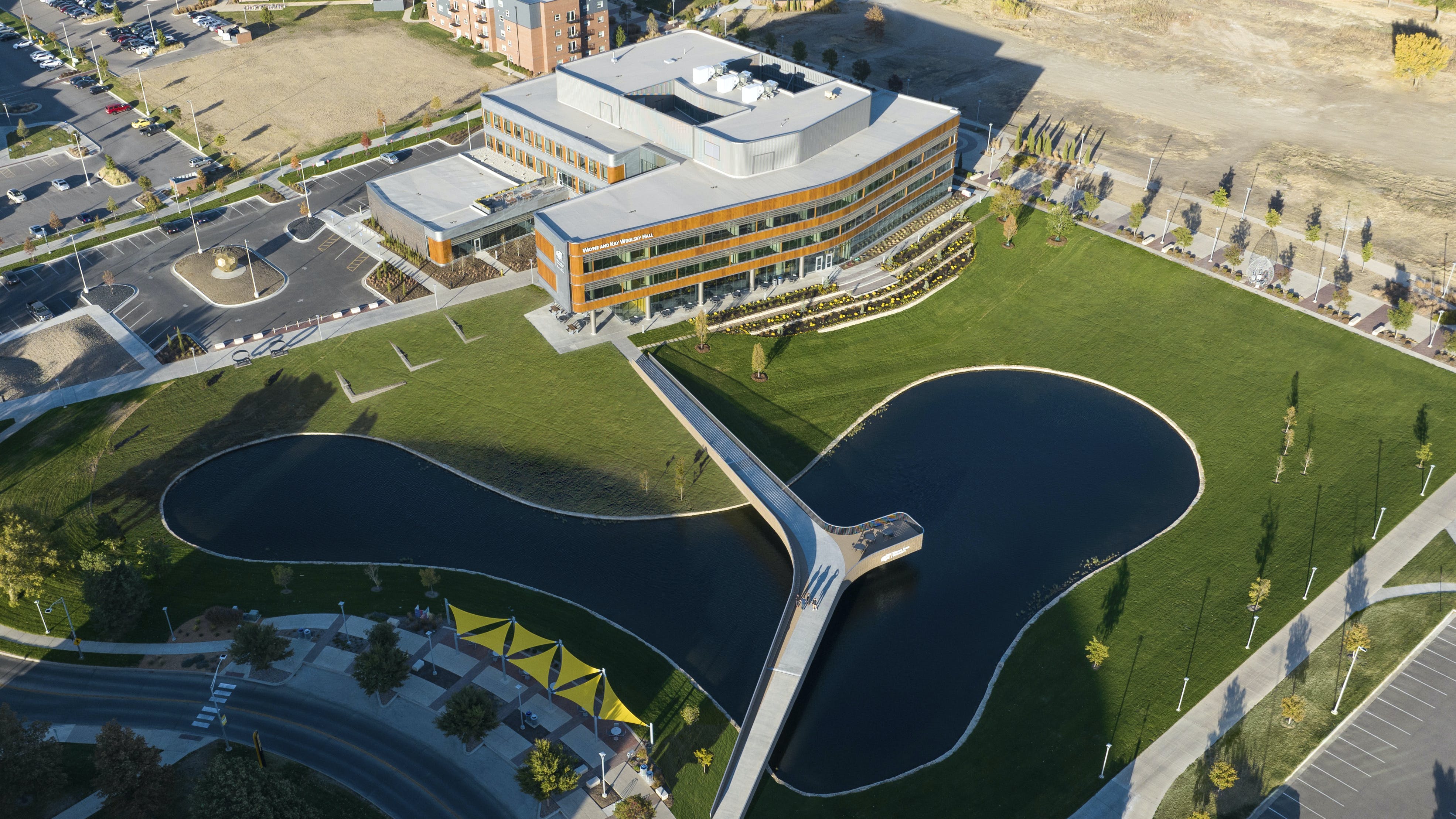 Situated between two distinct halves of the Wichita State campus, Woolsey Hall is surrounded by generous green space for recreation and study.