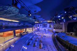 View of auditorium from second floor with stage on right and balcony on left. View of auditorium from second floor with stage on right and balcony on left.