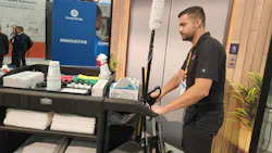 Dylan Brooks, key account manager with Rubbermaid Commercial Products, demonstrates the company’s updated housekeeping cart. Dylan Brooks, key account manager with Rubbermaid Commercial Products, demonstrates the company’s updated housekeeping cart.
