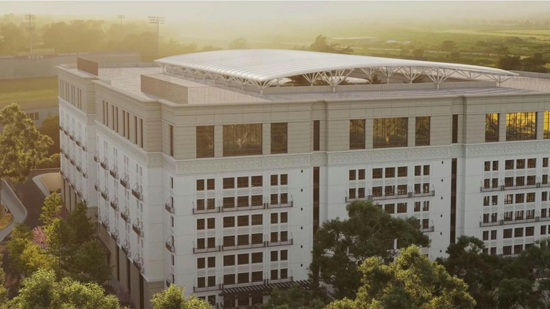 A rendering of the Munger dormitory. Windowless bedrooms are concentrated in the center of the building, surrounded by windowed common areas.