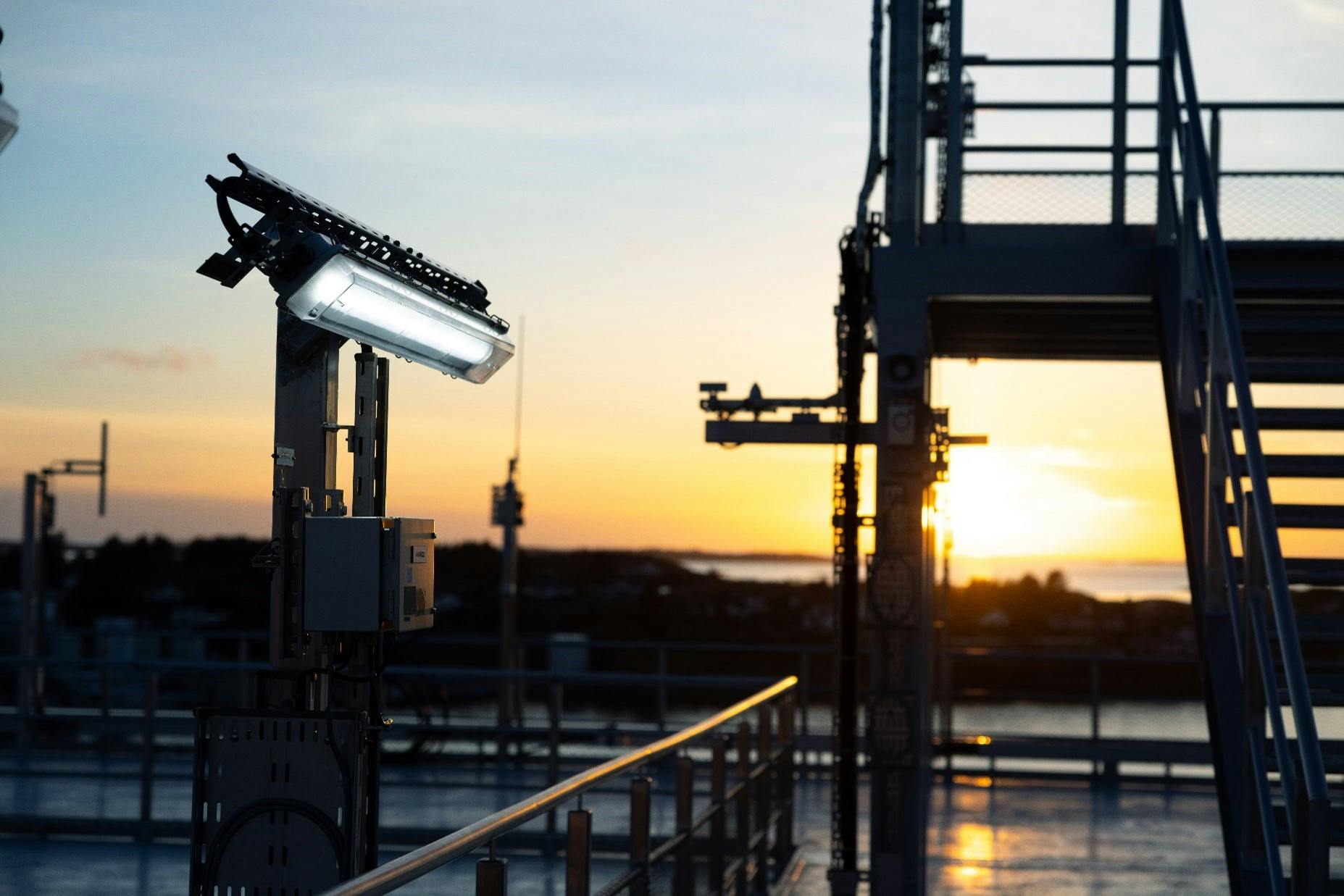 The marine business is smaller than the professional sector for Glamox, but marine&rsquo;s share is growing and margins are up at 14.6% compared to down to 11% in professional. Above: Glamox exterior lighting on the Aibel wind farm substation at the dock in Haugesund, Norway, before it traveled to the Dogger Bank Wind Farm in the North Sea earlier this year.