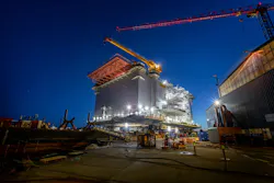 The Aibel substation with Glamox lighting sitting at the dock in Haugesund, Norway (above) before sailing to the Dogger Bank Wind Farm in March. Glamox is lighting both the interior and exterior (photos below). The Aibel substation with Glamox lighting sitting at the dock in Haugesund, Norway (above) before sailing to the Dogger Bank Wind Farm in March. Glamox is lighting both the interior and exterior (photos below).