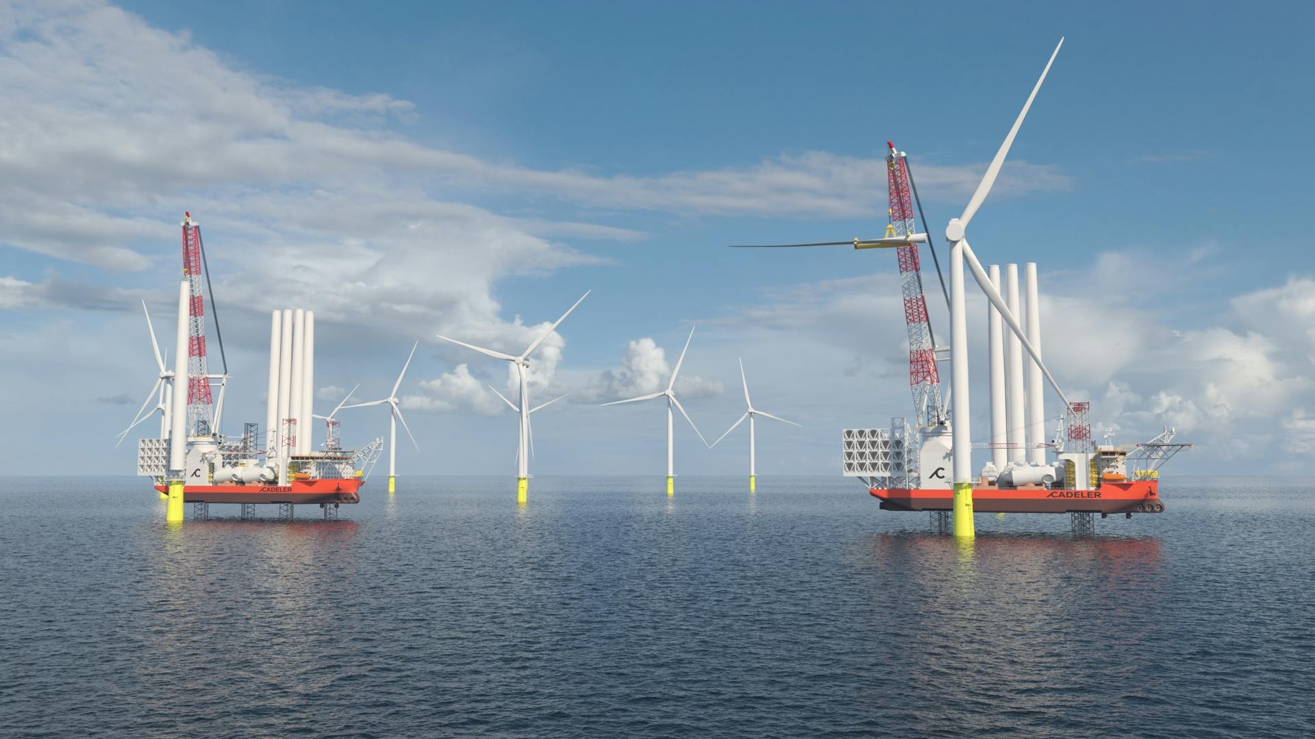 A CGI of what the Cadeler X-class vessels might look like at the Sofia Offshore Wind Farm in Dogger Bank.