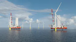 A CGI of what the Cadeler X-class vessels might look like at the Sofia Offshore Wind Farm in Dogger Bank. A CGI of what the Cadeler X-class vessels might look like at the Sofia Offshore Wind Farm in Dogger Bank.