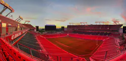 Tampa Bay’s Raymond James Stadium is preparing for the National Football League’s Super Bowl Sunday with Chromabeams LED luminaires capable of delivering 2 million color options in addition to white light for the playing field, according to provider Sportsbeams Lighting. (Photo credit: Image courtesy of Sportsbeams Lighting.) Tampa Bay’s Raymond James Stadium is preparing for the National Football League’s Super Bowl Sunday with Chromabeams LED luminaires capable of delivering 2 million color options in addition to white light for the playing field, according to provider Sportsbeams Lighting. (Photo credit: Image courtesy of Sportsbeams Lighting.)