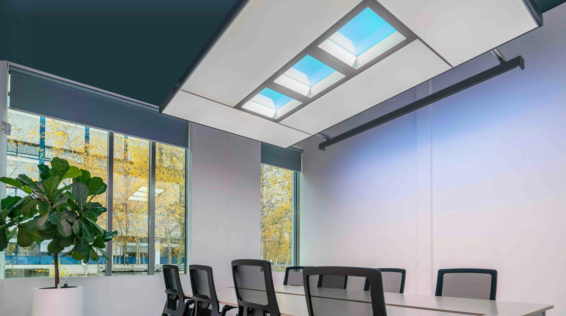This installation on the ground floor of Signify offices in Eindhoven shows the visual effect of an artificial skylight in a conference room. (Photo credit: Image courtesy of Signify.)