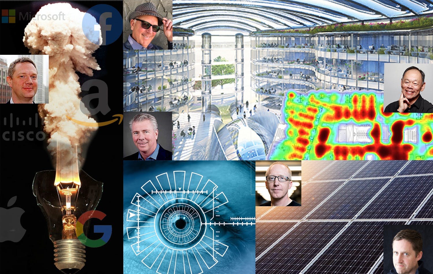 Photo credits: Building image courtesy of Michael Pawlyn, Exploration Architecture. Heat map courtesy of Enlighted. Eye by geralt via Pixabay; used under free license for commercial or noncommercial purposes. Lightbulb courtesy of Pxfuel; used under public domain terms included in CC0. Atomic cloud by US Navy via Wikimedia Commons; used under public domain. Solar panels by Vera Kratochvil via PublicDomainPhotos.net; used under public domain terms included in CC0. Headshots provided by and used under speaker agreements for Strategies in Light.