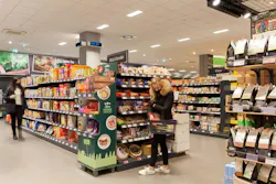 Grocery chain Edeka has placed 31 outward-pointing rectangular UV-C fixtures around a Hamburg store at a height of approximately 11 ft, such as the two on the pillar in the upper center of this photo. (Photo credits: All photos courtesy of Signify.) Grocery chain Edeka has placed 31 outward-pointing rectangular UV-C fixtures around a Hamburg store at a height of approximately 11 ft, such as the two on the pillar in the upper center of this photo. (Photo credits: All photos courtesy of Signify.)