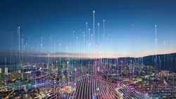 Aerial view of city at dusk with graphic overlay of tech connectivity concept. Aerial view of city at dusk with graphic overlay of tech connectivity concept.