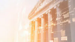 Exterior of government building with digital overlay representing smart building regulations. Exterior of government building with digital overlay representing smart building regulations.