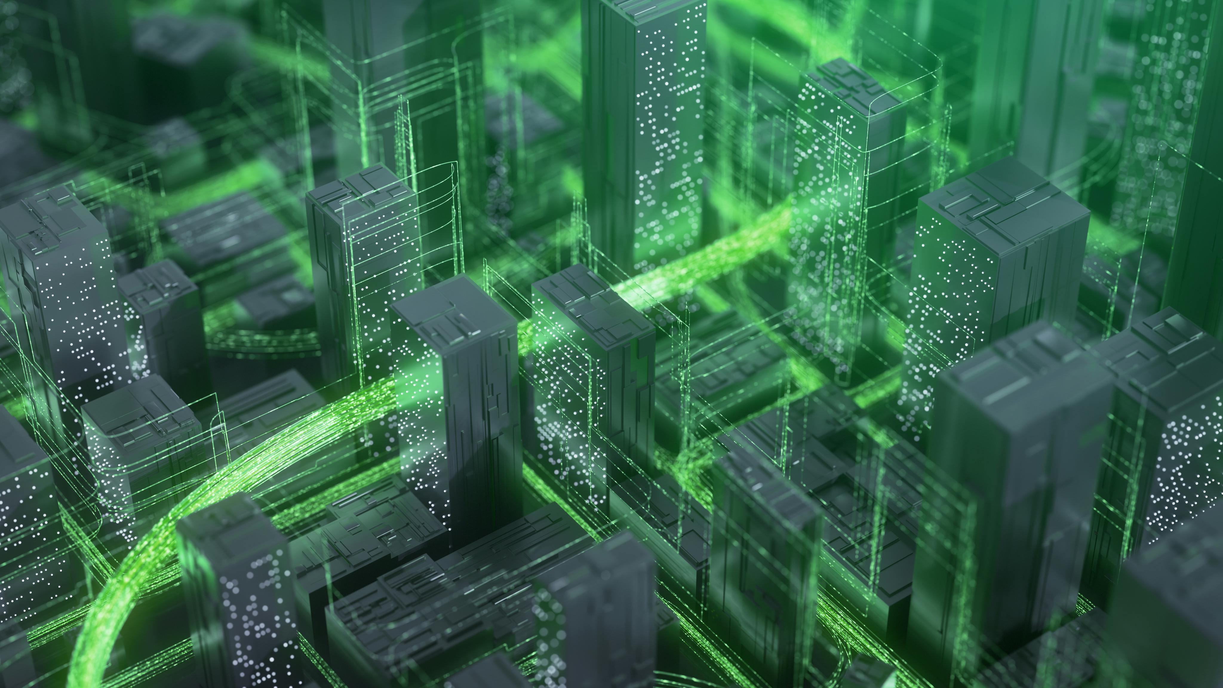 Conceptual renderings of buildings with green energy waves passing through.